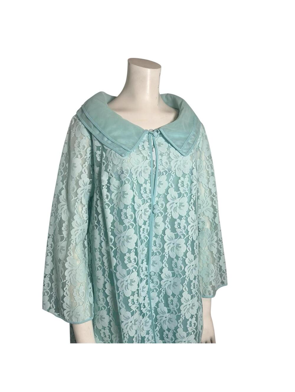 Vintage 1960s Aqua Blue Lace Peignoir Set Robe & Slip Nylon Nightgown LARGE - Picture 2 of 9